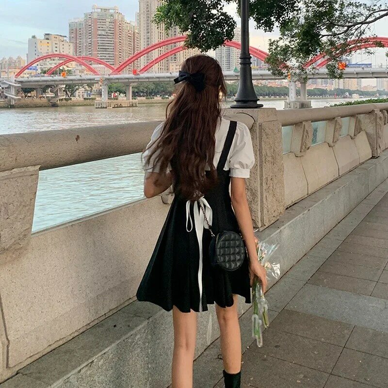 Gaun Satu Potong Antik Gaun Mini Y2k Elegan Lengan Pendek Korea Gaun Hitam Gotik Kasual Wanita Musim Panas 2021 Kawaii Lolita