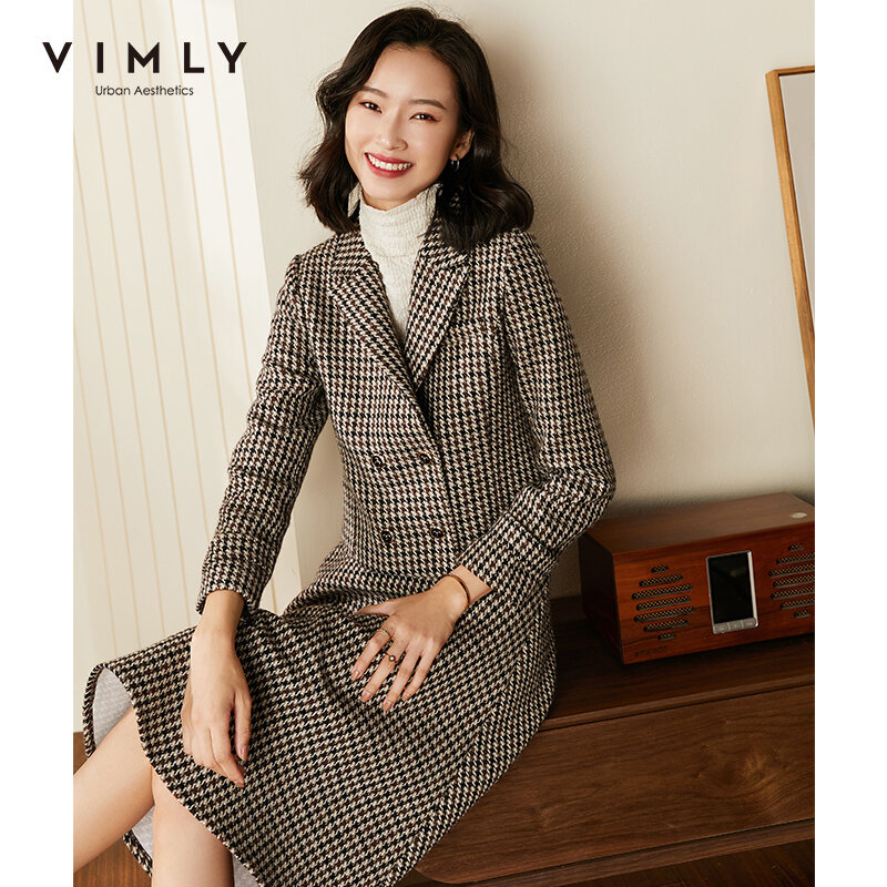 Vimly-여성용 겨울 패션 울 블레이저 짧은 재킷, 하이 웨이스트 체크 무늬 스커트, 우아한 의상 F3037