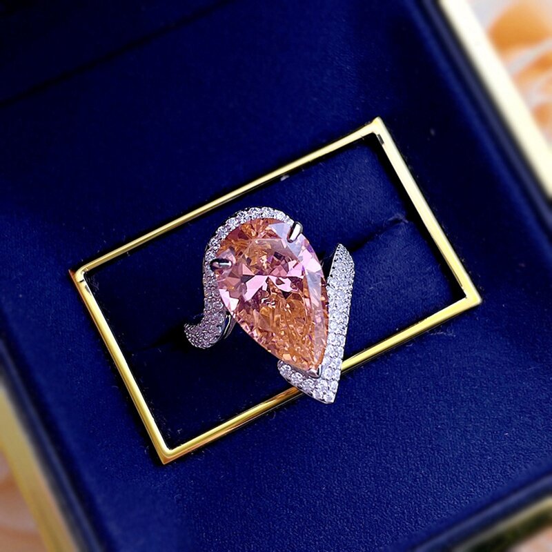 Wong Rain-anillo de compromiso de Plata de Ley 925 con piedra preciosa moissanita, sortija de compromiso de boda de lujo, Padparadscha de 10x16MM