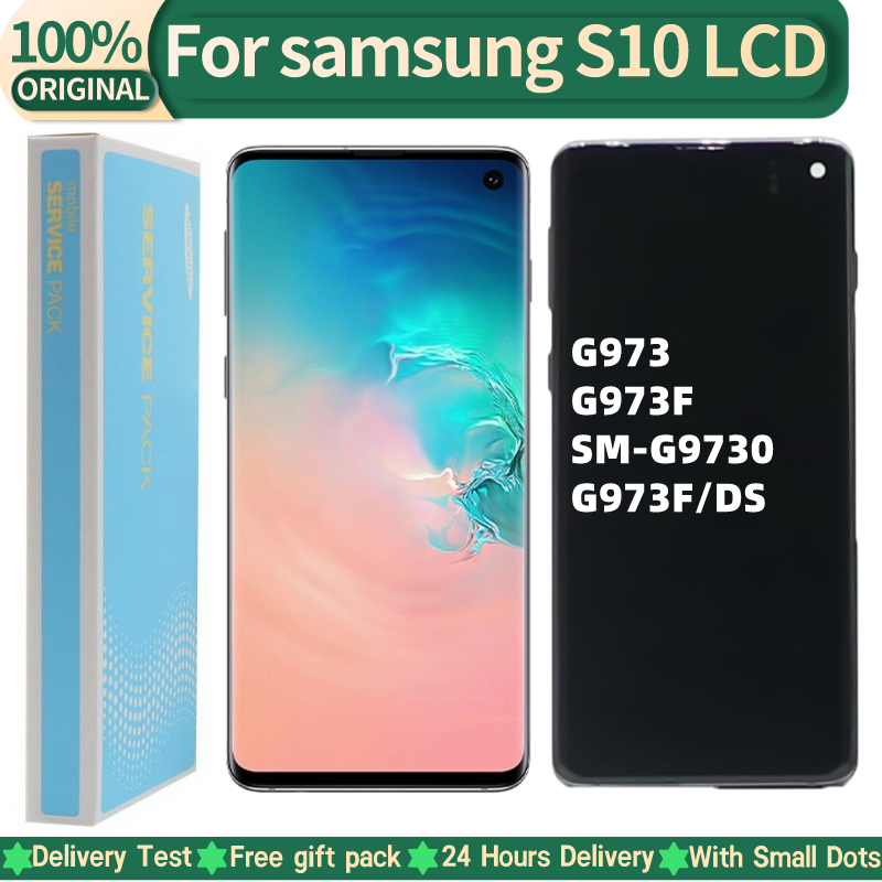 100% Nguyên Bản AMOLED S10 LCD Dành Cho SAMSUNG Galaxy SAMSUNG Galaxy S10 G973 G973F G973F/DS Màn Hình Bộ Số Hóa Cảm Ứng Thay Thế Với họa Tiết Chấm Bi
