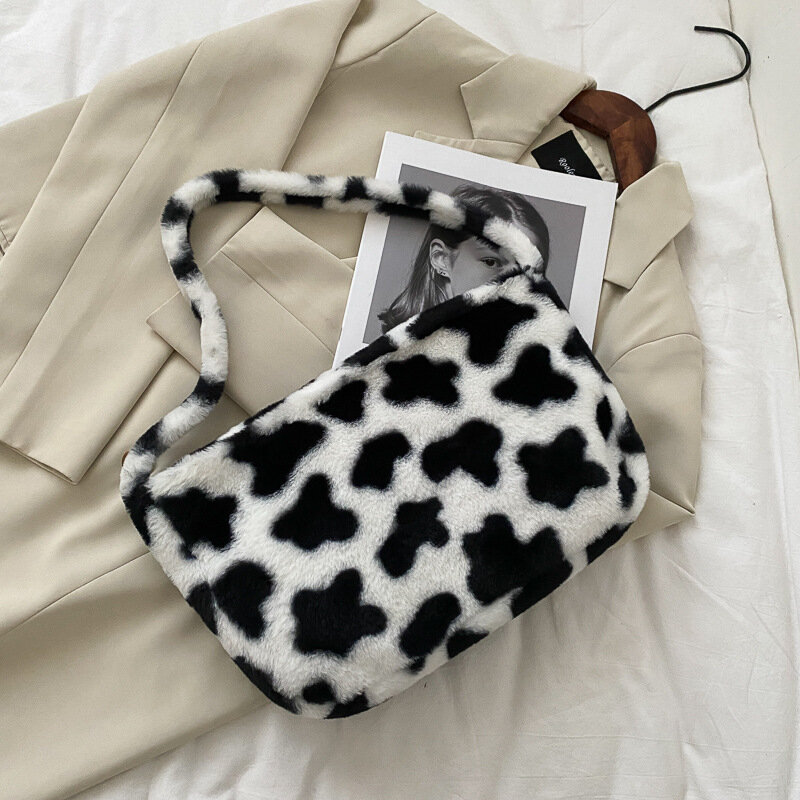 Fashion Cow Pattern Plush Women Shoulder Messenger Bag Animal Pattern Faux Fur Bags for Women 2020 Fluffy Female Totes Handbag
