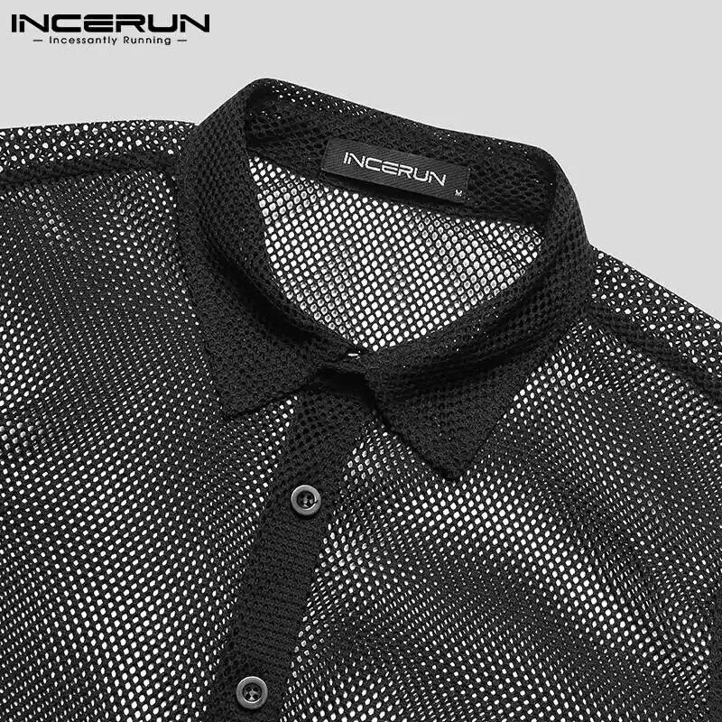 2021ชายเสื้อตาข่ายดูผ่าน Lapel ปุ่มเสื้อผ้าไนท์คลับเซ็กซี่ Streetwear Casual Camisa S-5XL INCERUN