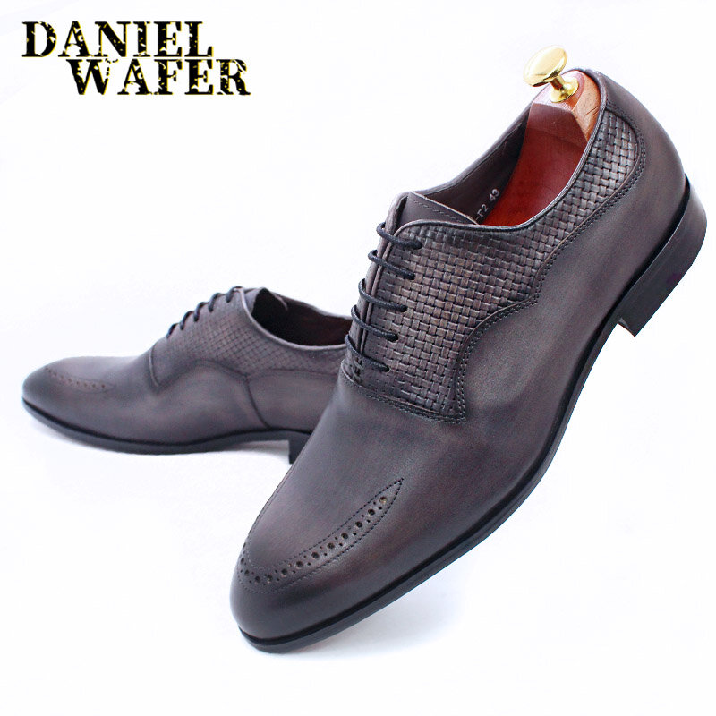 LUXURY BRAND MEN OXFORD SHOES ITALIAN HANDMADE GENUINE LEATHER FORMAL SHOES LACE UP GRAY OFFICE BUSINESS WEDDING DRESS SHOES MEN