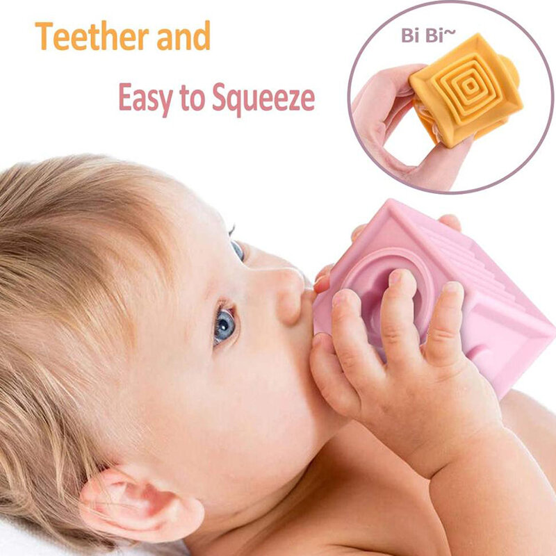Mainan gigitan bayi blok susun silikon untuk bayi dari 0 12 bulan anak-anak mainan susun kubus blok bangunan lembut untuk anak laki-laki usia 1 tahun