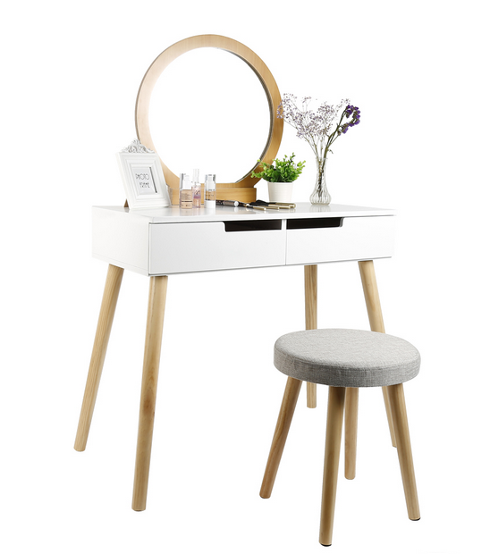 Penteadeira com banco e espelho para maquiagem, móvel de madeira 2 gavetas, mobiliário elegante, mesa para quarto