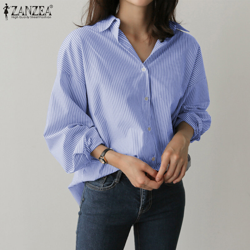ZANZEA koszule damskie 2021 wiosna urząd Lady z długim rękawem topy w paski dorywczo kobiece luźne Blusa Femininas ponadgabarytowych Streetwears