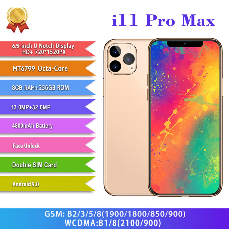 Smartphones I11 Pro Max Cellphones 6.5 Inches Global Version Dual SIM 8GB 512GB 4800MAH Android 9.0 GPS Wifi Face Unlock Phone