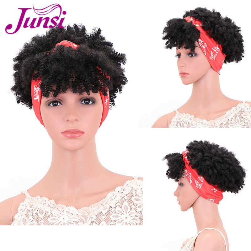 JUNSI  Afro Puff Turban Synthetic Wig Short Kinky Curly Headwrap Drawstring Wrap Wig Head Wrap Wig for African American