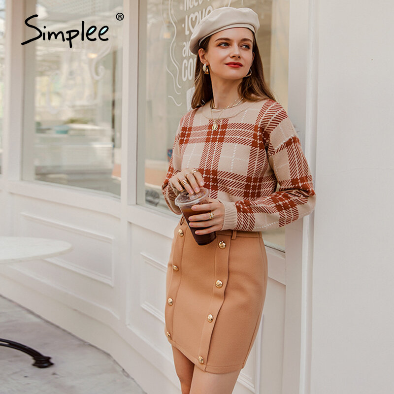 Simplee suéter geométrico xadrez de malha feminino, pulôver casual para mulheres, estampa vintage, outono inverno 2020