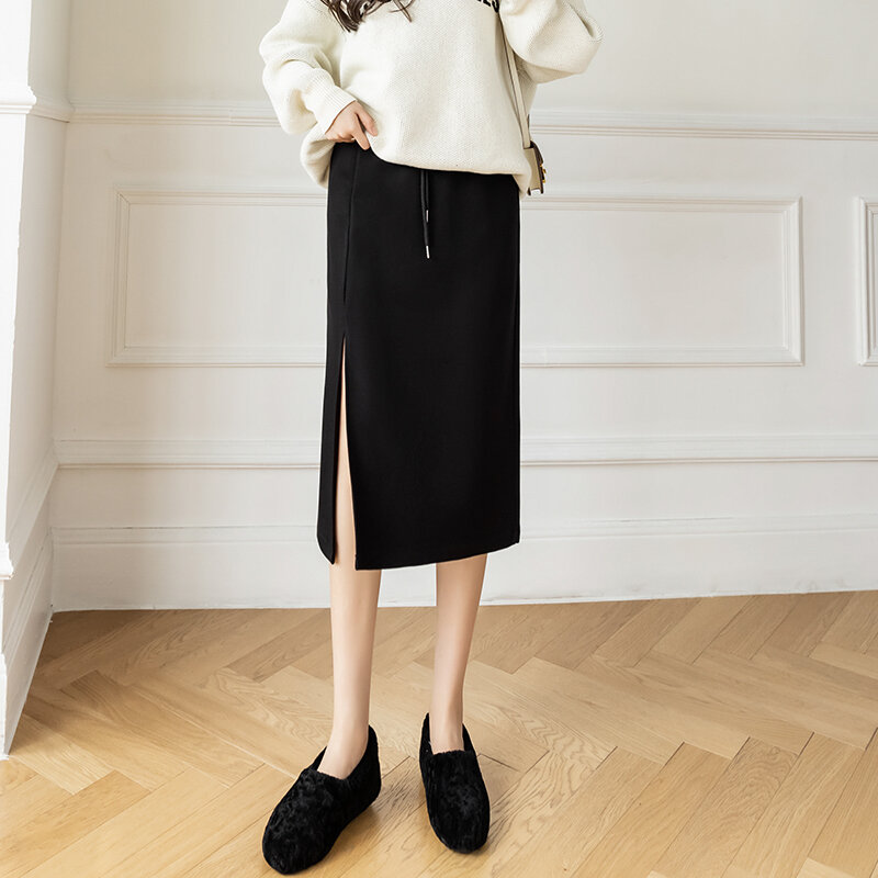 Hebe & eos saia preta feminina saia de cintura alta com fenda lateral midi saias vintage elegante moda cinto de malha saia inverno