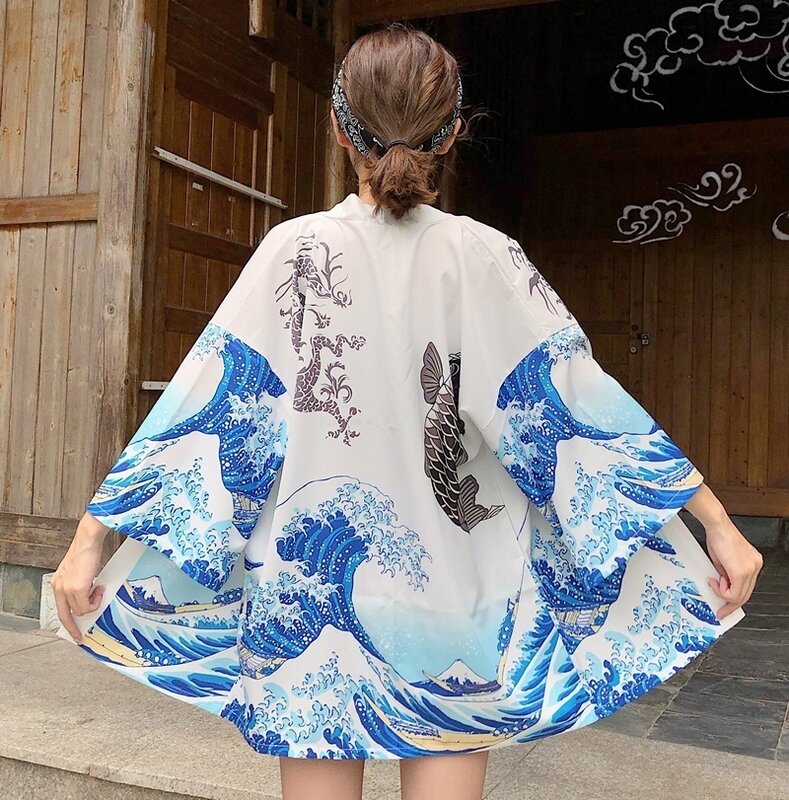 기모노 여성 2021 일본식 기모노 카디건 코스프레 셔츠 여성용 블라우스 일본 유카타 여성 여름 해변 기모노 FF1126