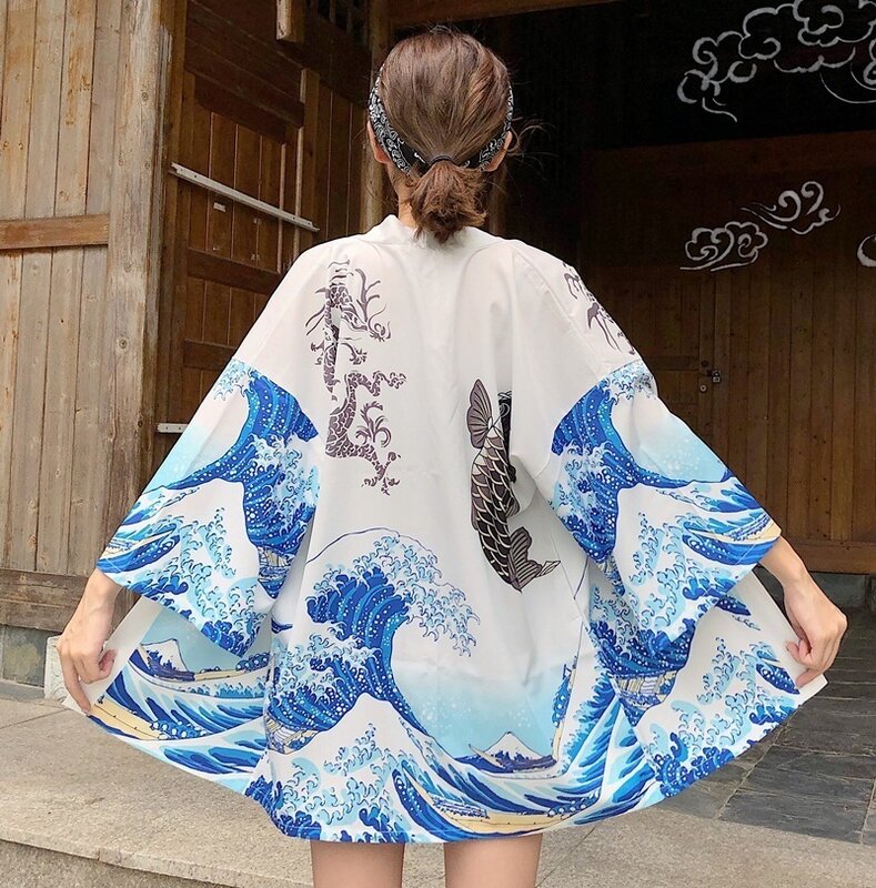 Kimonos Woman 2021 Japanese Kimono Cardigan Cosplay Shirt Blouse For Women Japanese Yukata Female Summer Beach Kimono FF1126