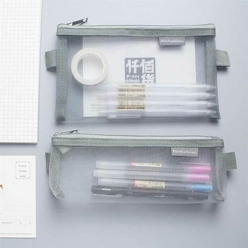 シンプルな無地スタイル透明メッシュペンケースオフィス学生学校の文具鉛筆ボックス化粧収納ポーチバッグ
