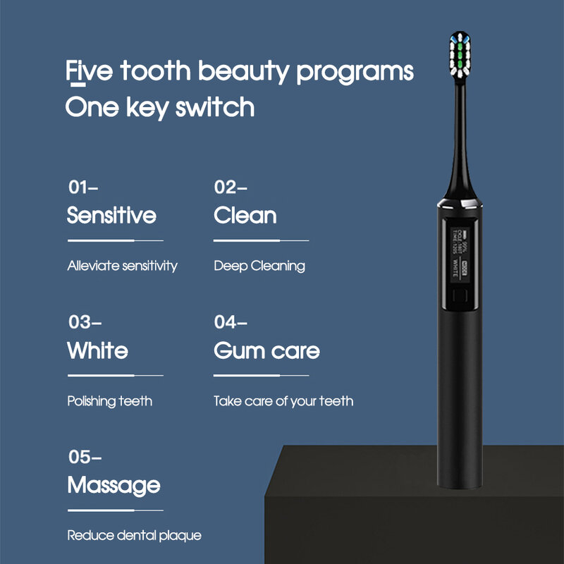 Boi-cepillo de dientes eléctrico sónico para adulto, dispositivo de limpieza inteligente con pantalla OLED, 5 modos, impermeable IPX7, Base inalámbrica