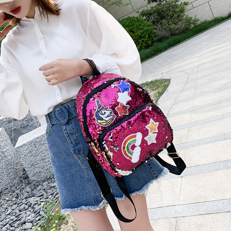 Mochila de unicornio con lentejuelas para mujer, bolso escolar informal con estampado de dibujos animados para chica adolescente, Bolso pequeño de hombro doble, mochila de viaje