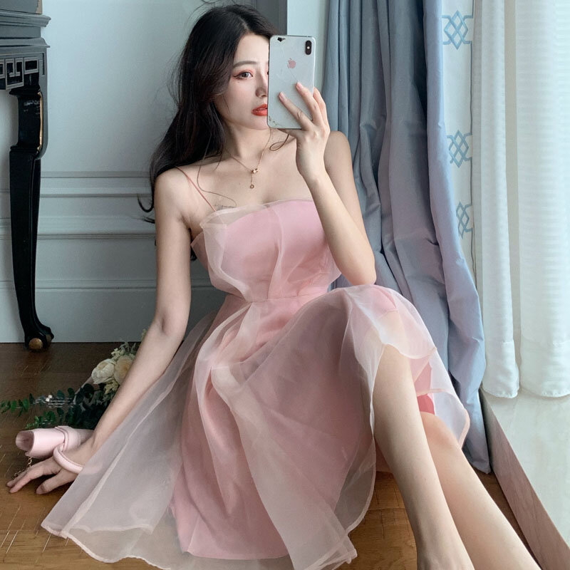 Новинка лета 2021, повседневное кружево, винтажное элегантное милое супер-сказочное платье из органзы на бретельках, корейская мода, шикарная...