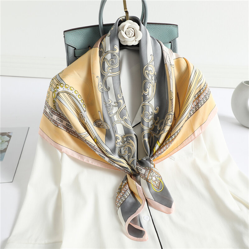 90*90cm Satén de seda hiyab de bufanda cuadrada de pelo de las mujeres de diadema chal de la mujer moda Bandana pañuelo silenciador Foulard 2021 nuevo