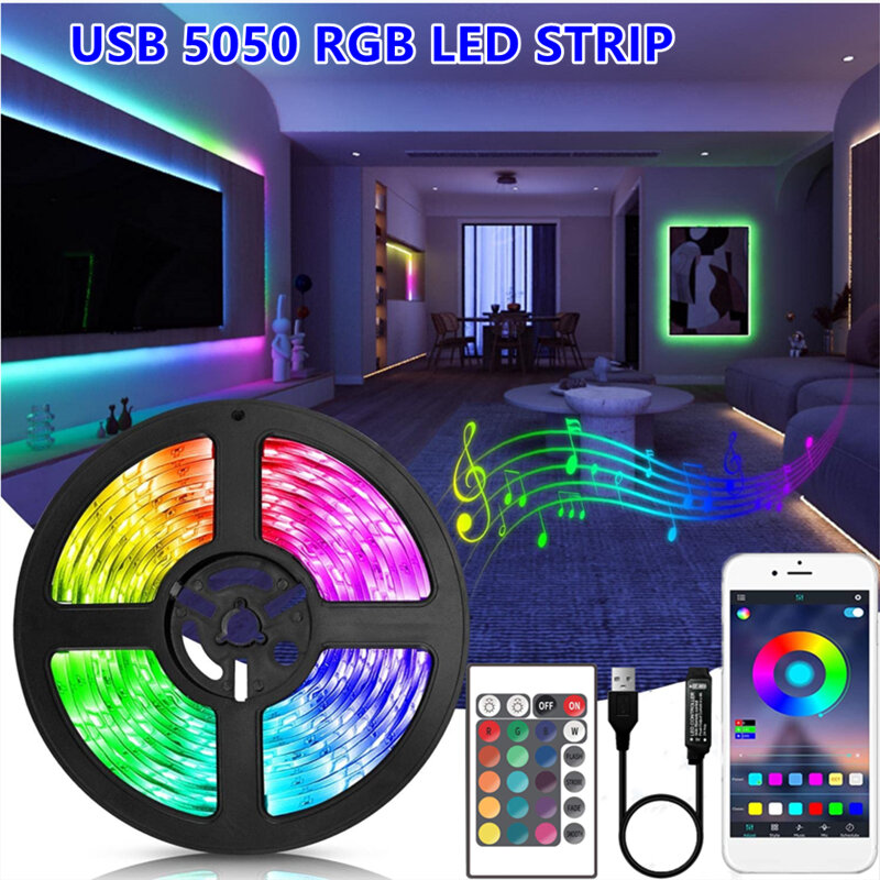 Bande lumineuse LED RGB Flexible, Bluetooth 5050, 5V, USB, 1M-30M, ruban de lampe, TV, écran de bureau, rétro-éclairage Diode