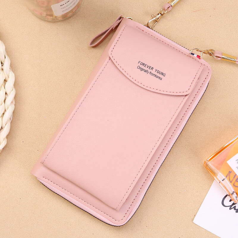 2021 Women Wallet Solid Color Leather Shoulder Straps Shoulder Bag Mobile Phone Big Card Holders Wallet Small Wallet Women
