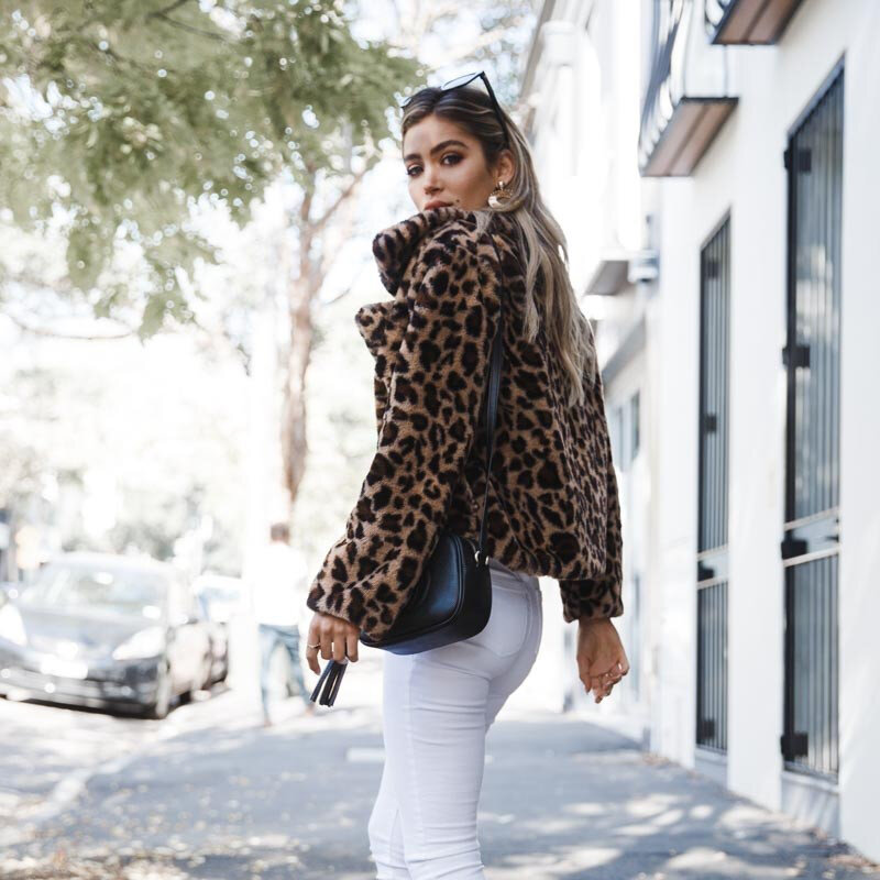 Chic Leopard หนาอุ่น Faux ขนเสื้อแจ็คเก็ต Elegant Soft Faux Rabbit FUR Coat JACKET OVERSIZE Outerwear