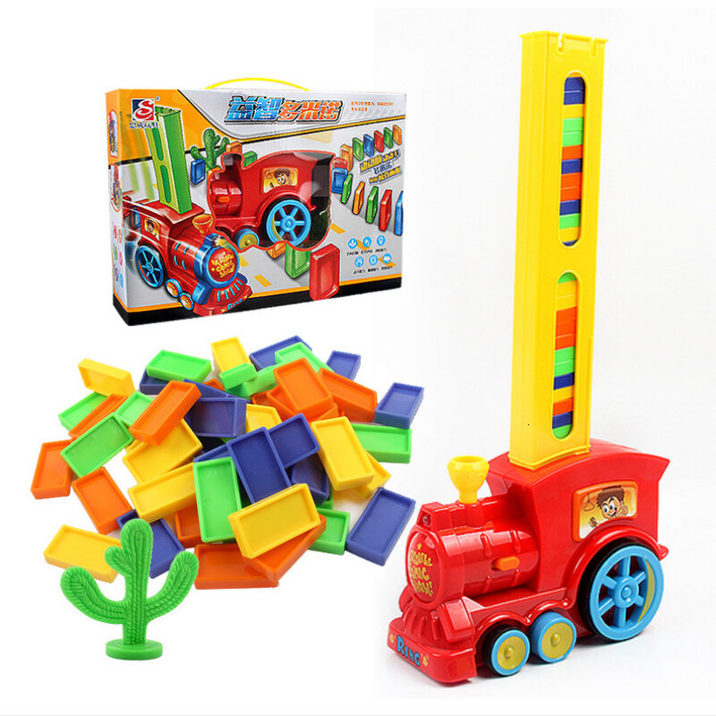 도미노 기차 장난감 세트 랠리 전기 기차 모델 60 Pcs 다채로운 도미노 게임 빌딩 블록 자동차 트럭 차량 스태킹