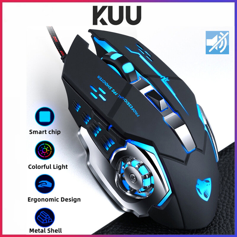 KUU-ratón V6 profesional para juegos por cable, 6 botones, 3200 DPI, LED, USB, juego inalámbrico, silencioso para PC y portátil