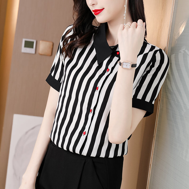 Korean Womens Shirt Silk Blouses for Women Short Sleeve Female Top Black and White Striped Blouse Woman Clothing OL Womens Tops
