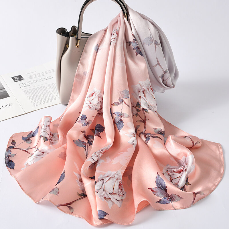 Silk Women Scarf Print Satin Neck Scarves Hangzhou Silk Shawl Wraps Pure Natural Silk Long Headscarf For Ladies Foulard Femme
