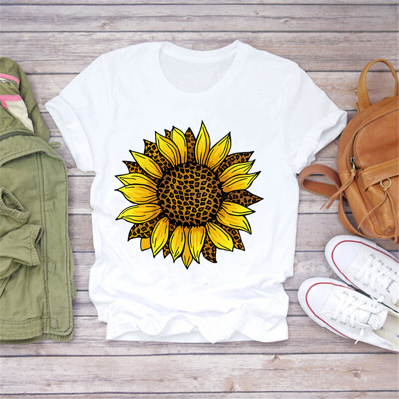 LUSLOS Women Graphic T-shirt Watercolor Female Printed Vintage Sunflower Floral Ladies Camisas Mujer Womens T-shirt