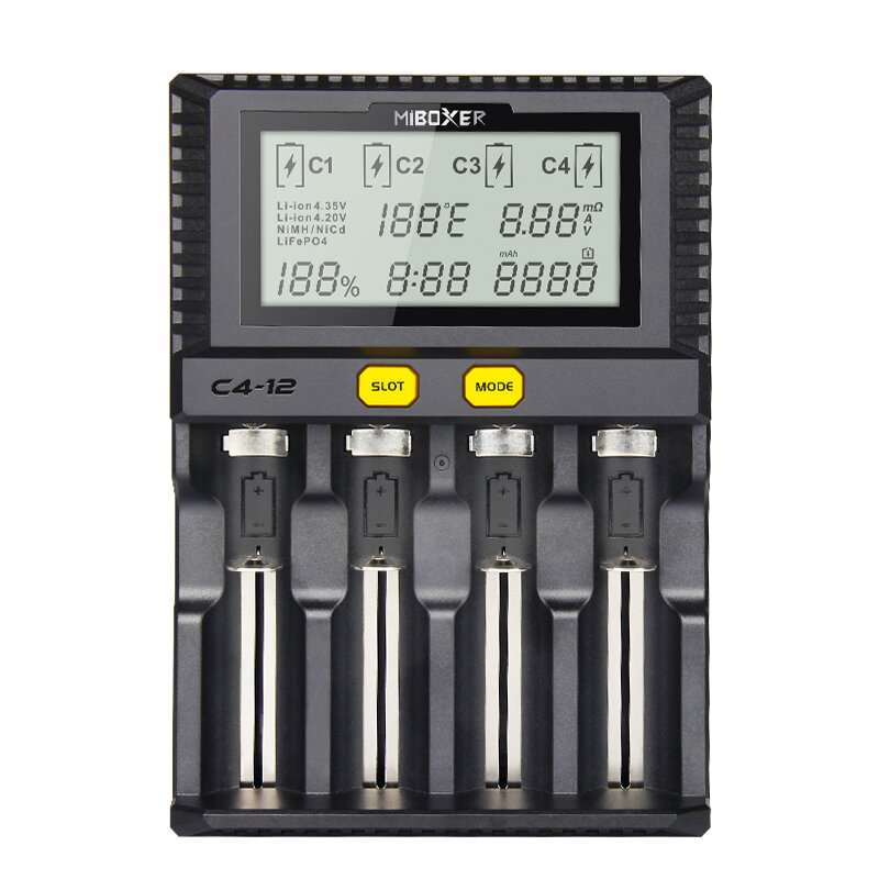 Miboxer C4-12 Pin Thông Minh 18650 265650 Sạc 4-Khe Cắm 3.0A 12AMAX Màn Hình LCD sạc Nhanh cho Li-Ion/IMR/INR/ICR/Ni PK VP4 PLUS
