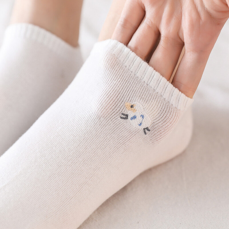 Instime 5 pares/pacote kawaii bordado tornozelo meias feminino expressão ovelha engraçado algodão tamanho da ue 35-39