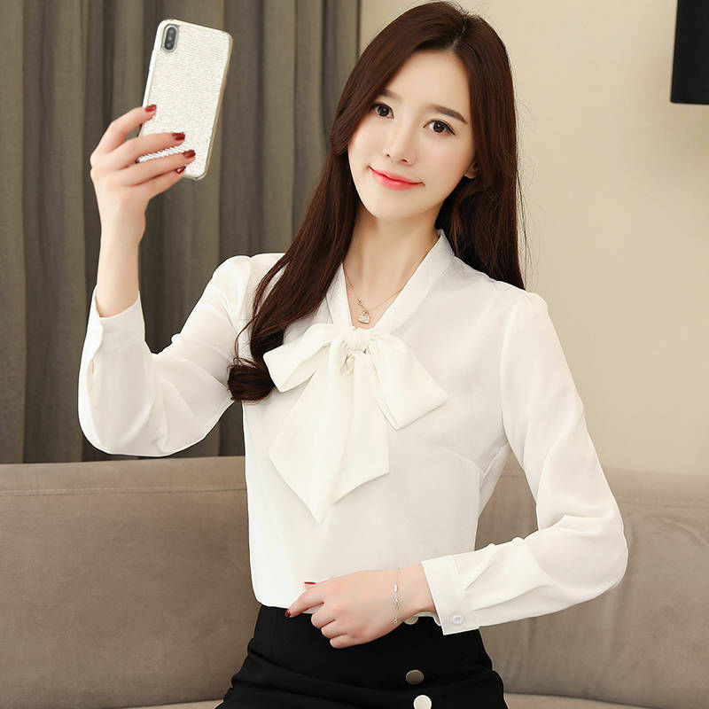 Blusa de chifón de manga larga para mujer, camisa Coreana de talla grande, color rosa, blanco y azul, para oficina y primavera