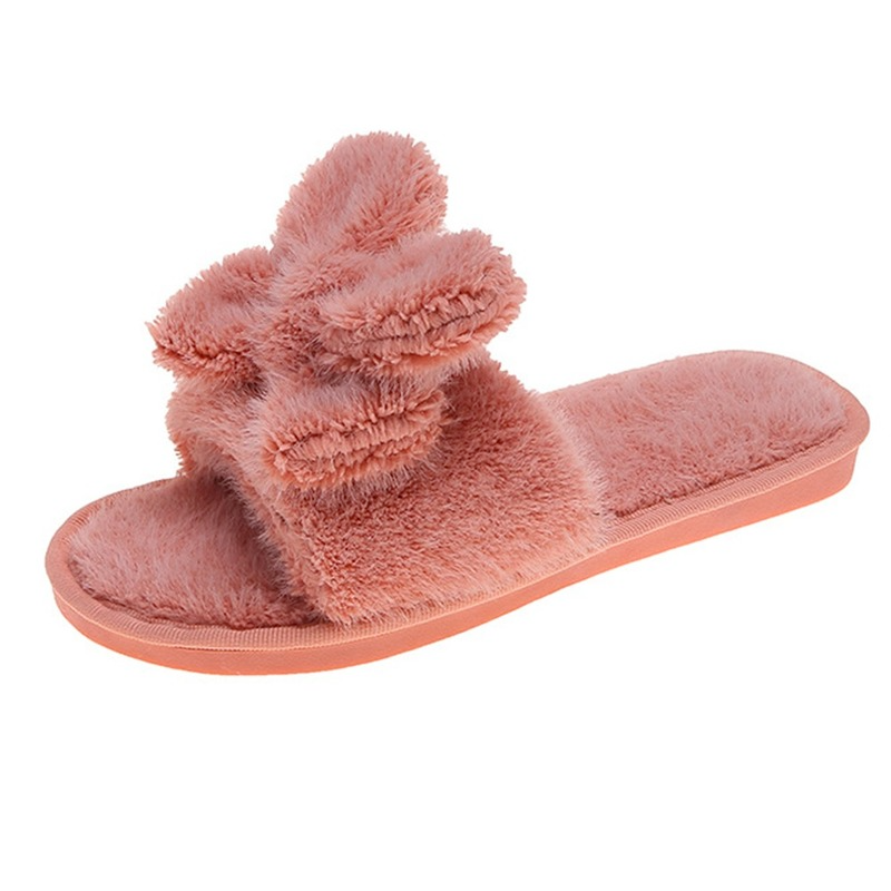 Zimowe damskie kapcie moda kryty pluszana kokardka pantofel kobiety antypoślizgowe nowe buty Faux futro ciepłe 2021 nowe z wystającym palcem płaskie obuwie