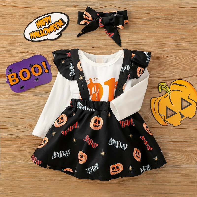 Niemowlę dziewczyna ubrania jesień dziewczynek Halloween dynia kombinezon topy spódnica pończochowa pałąk garnitur ползунки для новорождн E1