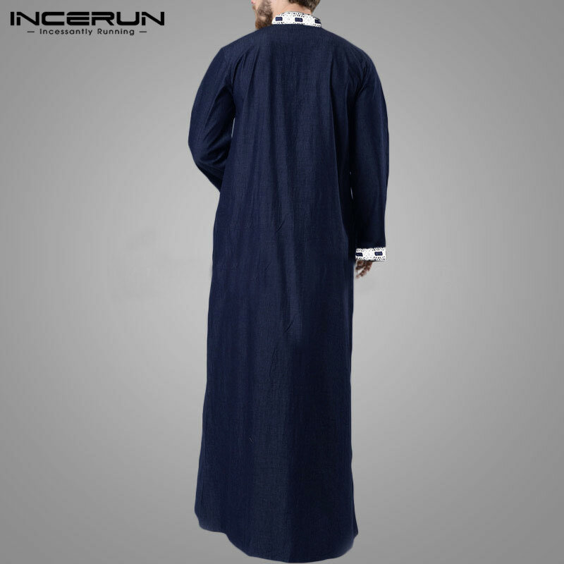 Islamski arabski Kaftan mężczyźni muzułmańska koronka Patchwork z długim rękawem V Neck Jubba Thobe moda bliski wschód mężczyźni szaty INCERUN Plus rozmiar