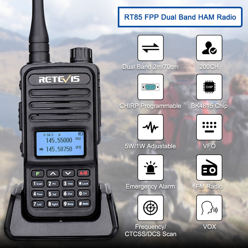 Retevis walkie talkie rt85 presunto estações de rádio em dois sentidos 5w walkie-talkies vhf uhf dupla banda amador rádio portátil ht para a caça