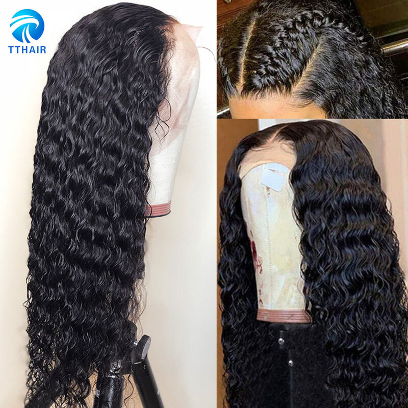 Perruque Deep Wave Lace Front Wig Remy Naturelle Indienne, Cheveux Humains, 4x 4, 13x 4, Pre-Plucked, 150 de Densité, pour Femme
