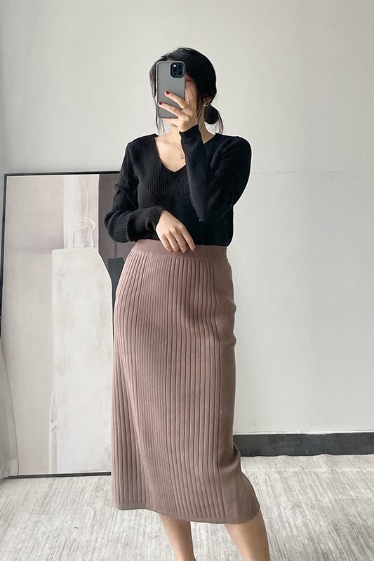 Korean Women Skirt Knitted Skirt Skirt New In Autumn And Winter With Hip Opening And High Waist