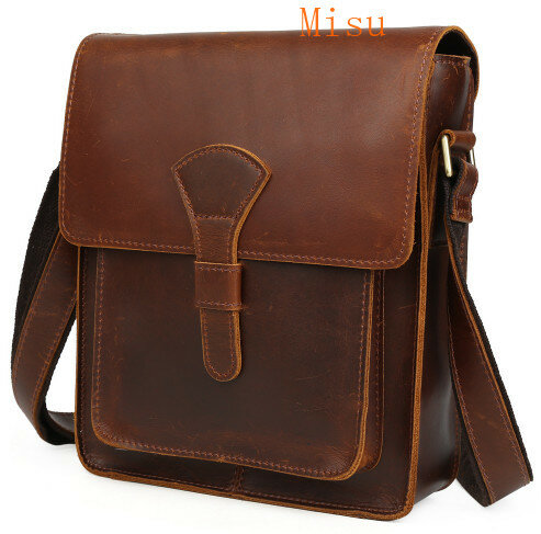 Men Genuine leather cross body messenger bag dark brown vintage style bag for iPad crazy horse leather small bag