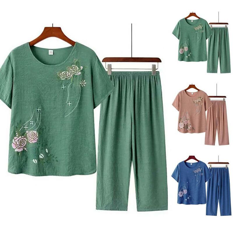 Damska koszulka z krótkim rękawem najlepsze spodnie kwiatowy nadruk luźny letni jednolity kolor Loungewear Home Outfit