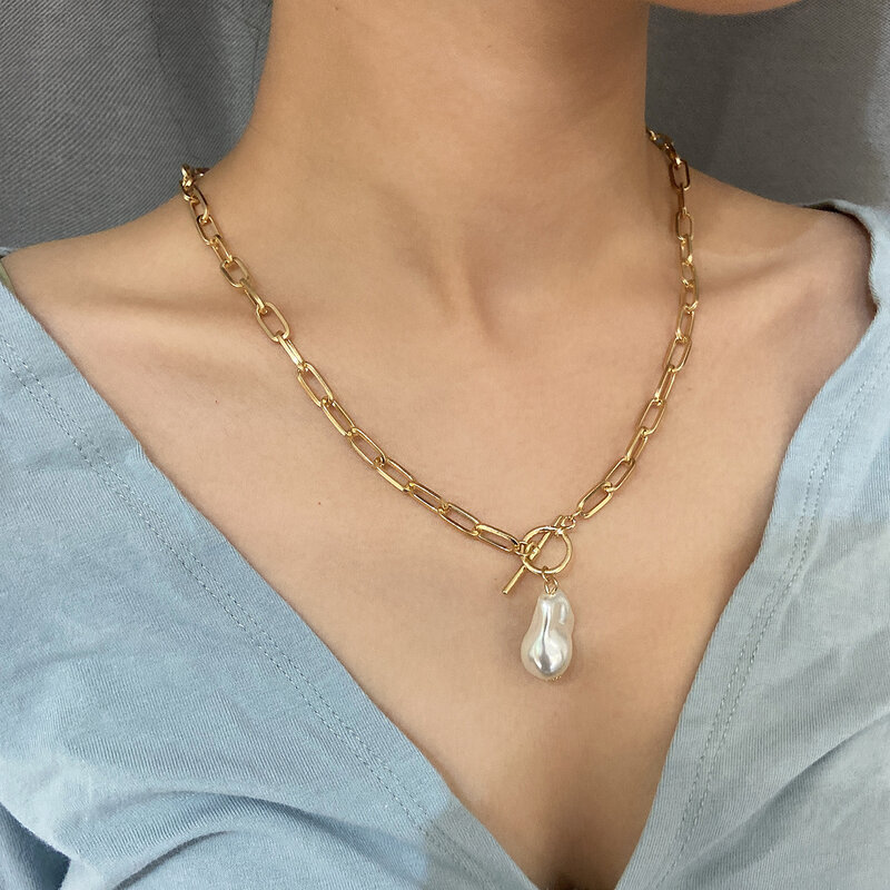 Ожерелье-чокер женское в готическом стиле, длинная цепочка золотого цвета с подвеской в виде монеты, жемчужины барокко, свадебный аксессуар...