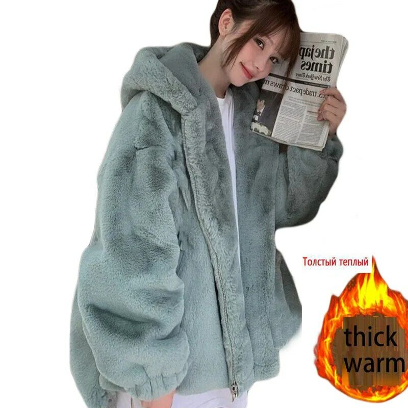 Abrigo de piel de imitación de conejo para mujer, abrigo de piel de invierno de talla grande con capucha de lujo, abrigo holgado grueso y cálido, abrigos de felpa de gran tamaño