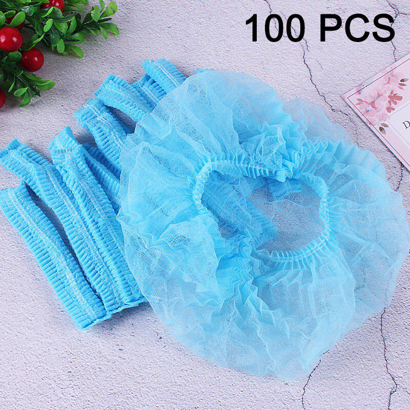 100Pcs Shower Cap Hair Nets Beauty Salon Head Cover Hats Mop Hygiene Plastic and Thick Non-woven Protection Mushroom Cap