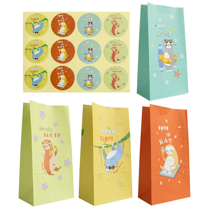 24 pçs bonito sloth impressão sacos de papel dos desenhos animados animal festa de aniversário favor doces sacos de presente com selo adesivos fontes de festa de verão