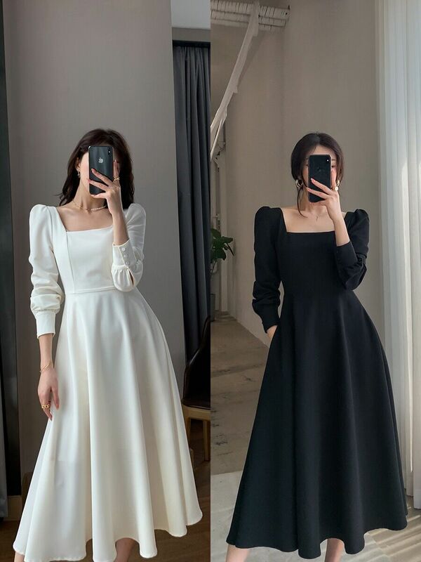 GUOGE sukienka francuska czarna z pełnym rękawem damska długa spódnica 2021 nowa wiosenna, retro kwadratowa sukienka z kwadratowym kołnierzykiem w stylu Hepburn