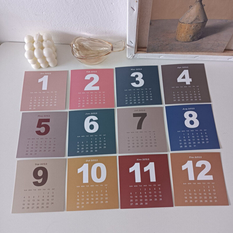 2022 Color Digital Calendar Card Simple Style Background Wall Sticker Office Desktop Postcards Cute Decorative Card 12 Sheets