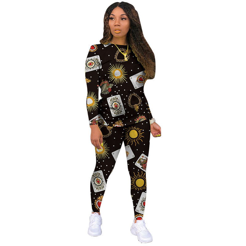 Poker Pattern Print Long Sleeve T-Shirt Trousers Women Suit 2020 Autumn European And American Casual Two Piece Set