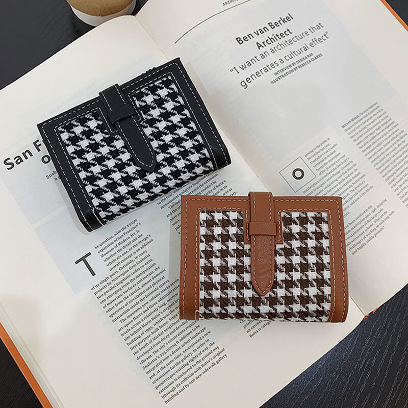 Coréia ulzzang ins senhora do vintage moda feminina xadrez carteira feminina carteiras chique pequeno mini moeda bolsa ferrolho titular do cartão