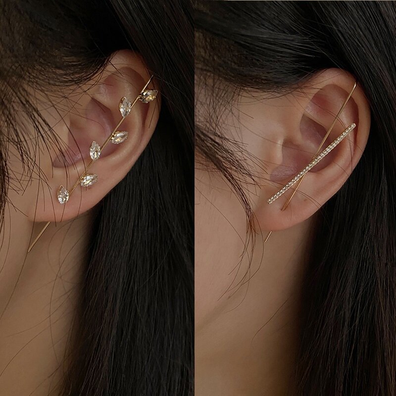 AOMU Punk Zircon Rhinestone Metal Ear Bone Stud Earrings for Women Slash Surrounding Auricle Earrings Multiple Ways to Wear