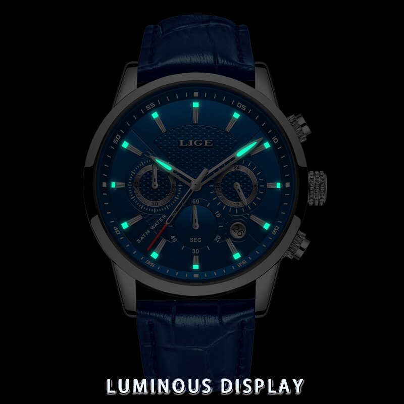 LIGE – montres à Quartz pour hommes, Top marque Luuxury, bleu, horloge décontractée en cuir, étanche, Sport, chronographe Relogio Masculino